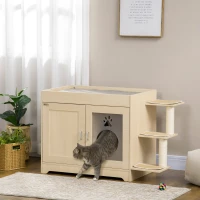 PawHut 3-in-1 Cat Litter Box Enclosure & Elevated Cat Bed Tree with Scratching Posts for Large & Small Kitties, Hidden Cat Litter Cabinet with Double Doors, Soft Cushion(m-10)