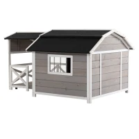 PawHut Outdoor Dog House Cabin Style, Wooden Raised Dog Shelter with Asphalt Roof, Front Door, Side Window, Porch for Medium to Large Dogs, Gray(m-13)