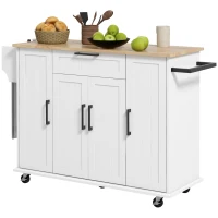 HOMCOM Modern Rolling Kitchen Island Cart with Drawers, Natural Wood Top, Towel Rack, Door Storage Cabinet, White(m-1)