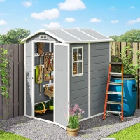 Outsunny 4' x 6' Outdoor Storage Shed, Plastic Shed with Floor, Window, Lockable Door and Vents for Outdoor Patio Storage, Gray(m-8)