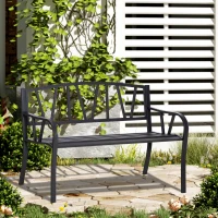 Outsunny 50" Outdoor Bench, Metal Garden Bench with V-Shaped Pattern Backrest, Porch Bench with Slatted Seat for Park, Yard, Lawn, Black(m-2)