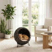 PawHut Rattan Cat Bed, Elevated Handwoven Cat Basket Bed with Soft Cushion and Metal Base(m-10)