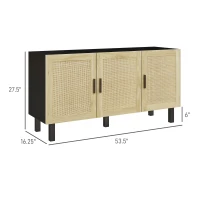 HOMCOM Boho Kitchen Cabinet, Buffet Cabinet with 3 Rattan Doors and Adjustable Shelves for Dining Room, Black and Natural(m-3)