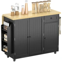 HOMCOM Kitchen Island Cart, Rolling Kitchen Island Table with Drop Leaf, Drawer, Spice and Towel Rack, Black(m-12)