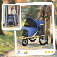 PawHut 3 Wheels Dog Stroller w/ One-Hand Fold, Rubber Wheels, Storage Bag, Soft Cushion, for Small & Medium Dogs, Blue(m-3)
