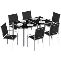 Outsunny 7 Piece Outdoor Patio Dining Set with Table and 6 Stackable Chairs, Steel Frame, Tempered Glass Top, Mesh Seats, Black(m-9)