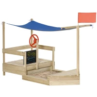 Outsunny Kids Wooden Sandbox, Covered Children Pirate Sand Boat for Outdoor, Foldable Play Station, w/ Flag, Canopy Shade, Bottom Liner, Blackboard, for 3-8 Years Old, Natural Wood(m-1)