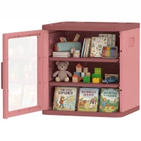 Qaba Toy Storage Organizer, 3 Tier Adjustable Toy Storage Cabinet Dustproof HDPE Plastic, Transparent Door, Pink(m-11)