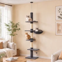 PawHut Floor-to-Ceiling Cat Tree 88.6"-100.4" Adjustable, 5-Level Cat Tower with Hammock, 3 Sisal Scratching Posts, Toy Ball(m-12)
