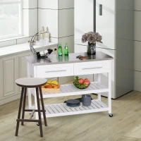 HOMCOM Kitchen Island with Stainless Steel Top, Traditional Kitchen Island with Storage, Butcher Block Cart 2-Tier Open Shelves, Drawers, White(m-9)