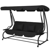 Outsunny 3-Seat Outdoor Patio Swing Chair, Converting Flatbed, Outdoor Swing Glider with Adjustable Canopy, Black(m-11)