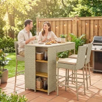 Outsunny 5 Piece Wicker Outdoor Bar Set, Acacia Wood Outdoor High Top Table and Chairs with 3 Tier Shelves, Cushions, Brown(m-10)