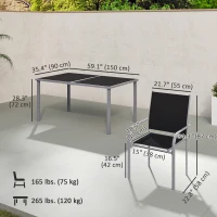 Outsunny 7 Piece Outdoor Patio Dining Set with Table and 6 Stackable Chairs, Steel Frame, Tempered Glass Top, Mesh Seats, Black(m-3)