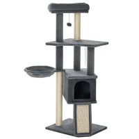 PawHut 50 Inch Cat Tree, Multi-Level Cat Tower with Sisal Scratching Posts and Ramp, Bed, Condo, Hammock, Toy Ball, Grey(m-9)