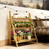 Outsunny Outdoor Plant Stand, Foldable 3-Tier Wooden Plant Shelf(m-8)