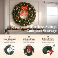 HOMCOM Artificial Xmas Wreath, 36 Inch Pre-Lit Christmas Wreath with 130 LED Lights, Lighted Bow and 21 Ornament Set, Green(m-7)
