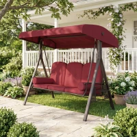 Outsunny Outdoor Patio 3-Person Steel Canopy Cushioned Seat Bench Swing with Included Side Trays & Padded Comfort, Wine Red(m-8)