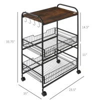 HOMCOM 3 Tier Kitchen Cart with Storage, Rolling Kitchen Island Cart with 2 Sliding Fruit Basket and Side Hooks for Dining Room, Rustic Brown(m-3)