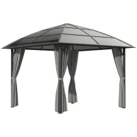 Outsunny 10' x 10' Outdoor Hardtop Gazebo Canopy with UV60+ Polycarbonate Roof, Steel Frame, Central Hook, Curtains, Dark Grey(m-2)