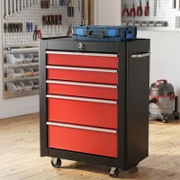 HOMCOM Lockable Tool Cabinet, 5-Drawer Rolling Tool Chest with 4 Universal Wheels, Black and Red(m-1)