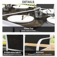 Outsunny 7 Piece Outdoor Patio Dining Set with Table and 6 Stackable Chairs, Steel Frame, Tempered Glass Top, Mesh Seats, Black(m-6)