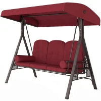 Outsunny Outdoor Patio 3-Person Steel Canopy Cushioned Seat Bench Swing with Included Side Trays & Padded Comfort, Wine Red(m-2)