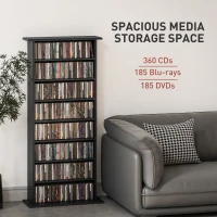 HOMCOM 8-Tier DVD Shelf with 6 Adjustable Shelves, Slim CD Shelf, Holds 360 CDs, 185 DVDs or 185 Blu-rays, Black(m-4)