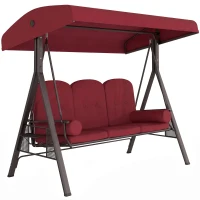 Outsunny Outdoor Patio 3-Person Steel Canopy Cushioned Seat Bench Swing with Included Side Trays & Padded Comfort, Wine Red(m-13)