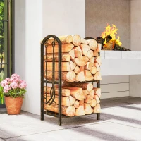 Outsunny 2-Tier Outdoor Firewood Rack with 4 Fireplace Tools, 220 lbs Capacity Metal Log Holder for Fireplace, Coffee Brown(m-7)
