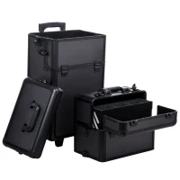HOMCOM Pro 3 in 1 Portable Aluminum Makeup Train Cases Rolling Cosmetic Organizer Box, Black (Black)(m-10)