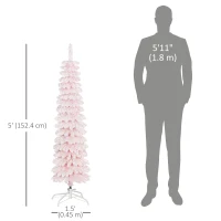 HOMCOM 5ft Snow-Flocked Artificial Christmas Tree, Slim Pencil Xmas Tree with 301 Realistic Branches, Metal Base, Pink(m-3)