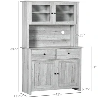 HOMCOM 63.5" Kitchen Buffet with Hutch, Pantry Storage Cabinet with 4 Shelves, Drawers, Framed Glass Doors, Open Microwave Countertop, Ash Grey(m-3)