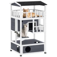 PawHut Wooden Outdoor Cat House, Feral Cat Shelter Kitten Condo with Asphalt Roof, Escape Doors, Condo, Jumping Platform, Gray(m-9)