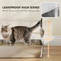 PawHut XL Stainless Steel Litter Box w/ 100° Flip Top, Scoop, Step, Top & Side Entry Enclosed Litter Box for Big Cats(m-8)