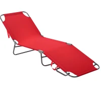 Outsunny Folding Outdoor Lounge Chair, Portable Reclining Beach Lounger with Breathable Mesh Fabric, Sun Lounge Bed Camping Cot for Patio, Garden, Poolside, Red(m-2)