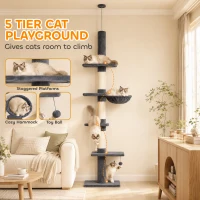 PawHut Floor-to-Ceiling Cat Tree 88.6"-100.4" Adjustable, 5-Level Cat Tower with Hammock, 3 Sisal Scratching Posts, Toy Ball(m-5)