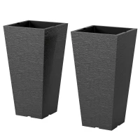Outsunny 23" Tall Planters Set of 2, Indoor Outdoor Stackable Taper Planters with Marble Finish and Drainage Holes, Black(m-9)