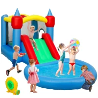 Qaba 4 in 1 Inflatable Bounce House with Slide, Basketball Hoop, Ball Pit, 370W Blower, Storage Bag, 163" x 81" x 75"(m-14)