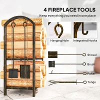 Outsunny 2-Tier Outdoor Firewood Rack with 4 Fireplace Tools, 220 lbs Capacity Metal Log Holder for Fireplace, Coffee Brown(m-5)