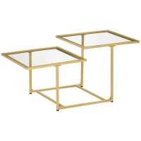 HOMCOM Coffee Table, Tempered Glass Coffee Table with 2 Square Tabletops, Modern Coffee Tables for Living Room, Bedroom, Gold(m-1)