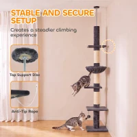 PawHut Floor-to-Ceiling Cat Tree 88.6"-100.4" Adjustable, 5-Level Cat Tower with Hammock, 3 Sisal Scratching Posts, Toy Ball(m-7)