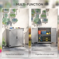 Outsunny Wooden Storage Cabinet, Outdoor Prep Table with Metal Tabletop, Shelves and Double Doors for Patio, Garden, Gray(m-4)