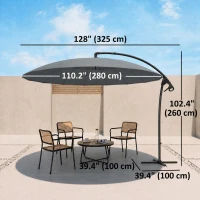 Outsunny 9FT Cantilever Umbrella with 16 Fibreglass Ribs, Offset Hanging Umbrella, Patio Umbrella with Crank and Cross Base, Grey(m-3)
