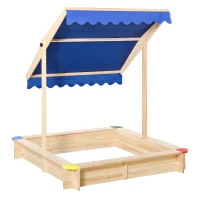 Outsunny Wooden Sandbox w/ Adjustable Canopy, Children Outdoor Playset Weather Resistant 47" L x 47" W x 47" H, Natural & Blue(m-11)
