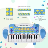 Qaba 31-Key Kids Toy Keyboard Piano, Electronic Musical Instrument with Multiple Sounds, Stool, Microphone and Bright Flashing Lights, Blue(m-4)