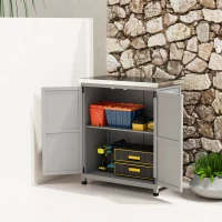 Outsunny Wooden Storage Cabinet, Outdoor Prep Table with Metal Tabletop, Shelves and Double Doors for Patio, Garden, Gray(m-8)