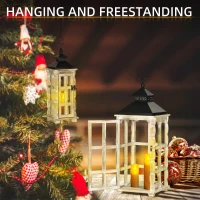 HOMCOM 2 Pack 31"/21" Large Rustic Lantern Decorations, Hanging Wooden Metal Indoor Covered Outdoor Lantern(m-5)