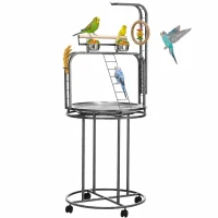 PawHut Parrot Stand Large Bird Perch Stand with Toy Hook & 3 Ladders, Parrot Perch, Bird Wooden Stand, Gray(m-11)