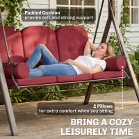 Outsunny Outdoor Patio 3-Person Steel Canopy Cushioned Seat Bench Swing with Included Side Trays & Padded Comfort, Wine Red(m-6)
