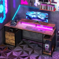 HOMCOM 61" Computer Table with LED Lights, PC Desk with Power Outlets, USB Ports, Storage, Wireless Remote, Rustic Brown(m-10)